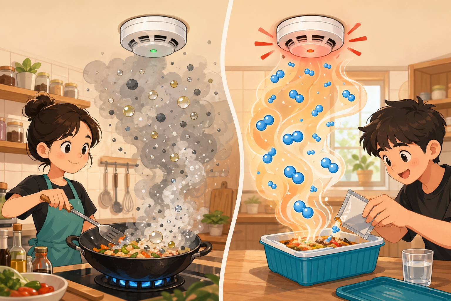 油烟和自热包氢气触发报警的左右对比卡通图