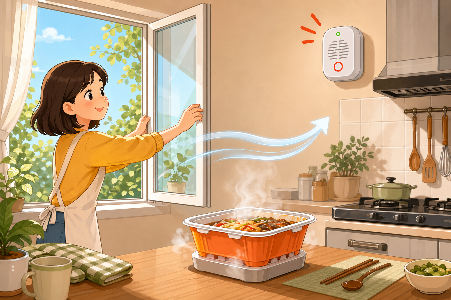 打开窗户并在通风环境下使用自热食品的卡通安全场景